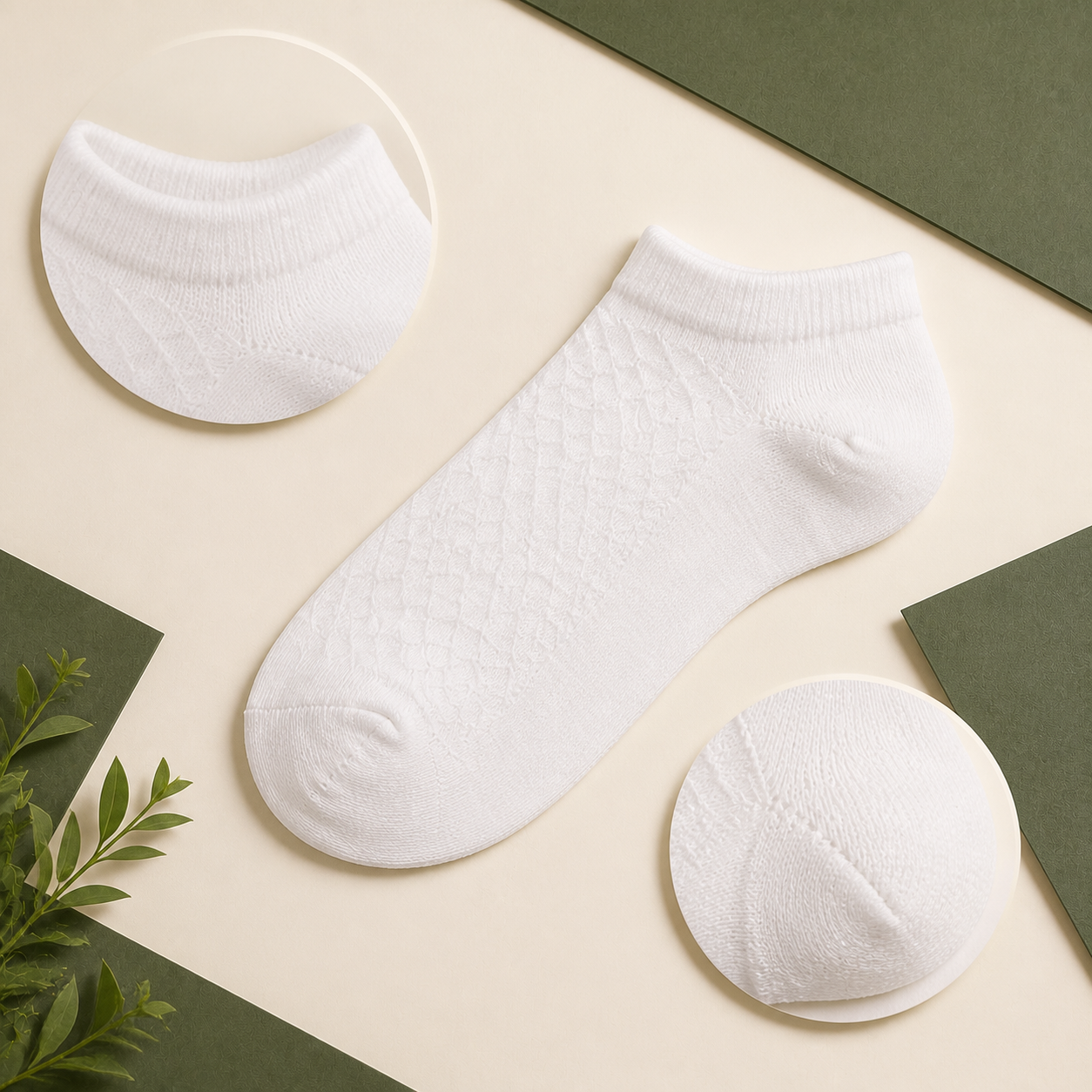 Détail de la maille bambou et du bord doux des chaussettes basses Alessio